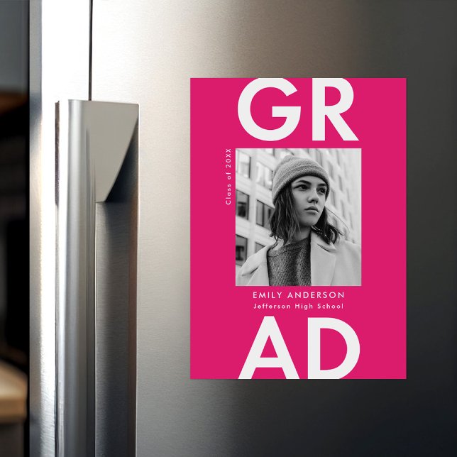 Bold Grad Hot Pink Photo Graduation Magnetic Invitation (Creator Uploaded)