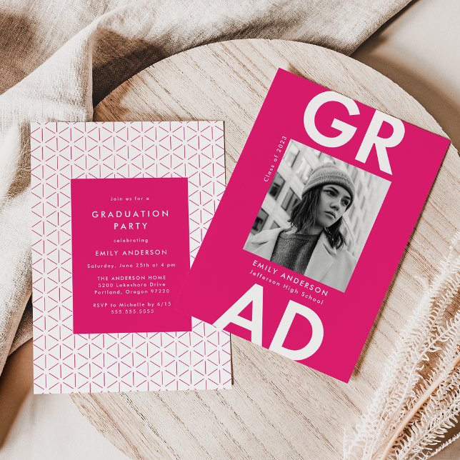 Bold Grad Hot Pink Photo Graduation Party Invitation (Creator Uploaded)