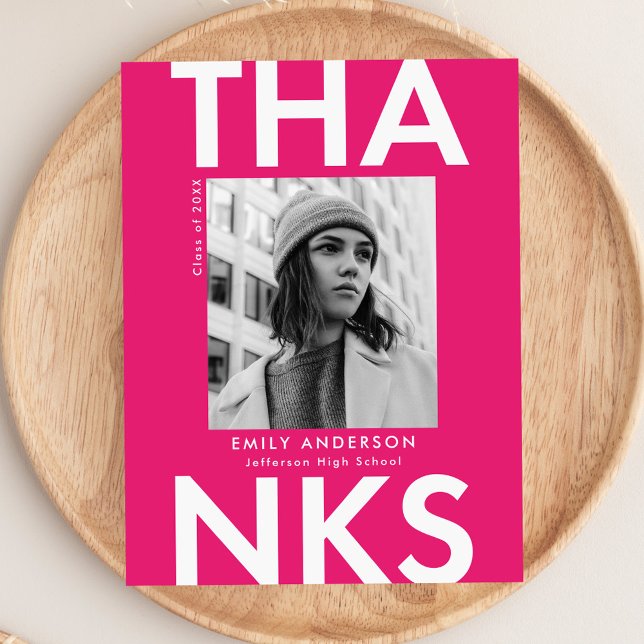 Bold Grad Hot Pink Photo Graduation Thank You Postcard (Creator Uploaded)