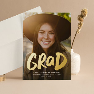 Bold grad modern gold one photo graduation foil in invitation