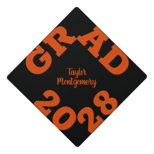 Bold GRAD Orange on Black Graduation Cap Topper