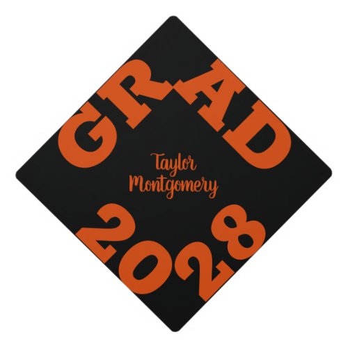 Bold GRAD Orange on Black  Graduation Cap Topper