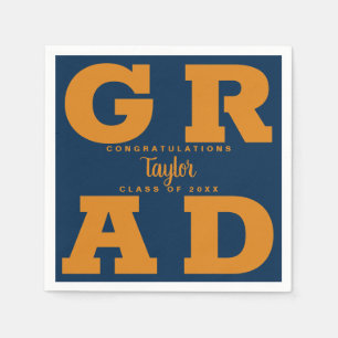 Bold GRAD Orange on Navy Graduation Paper Napkin