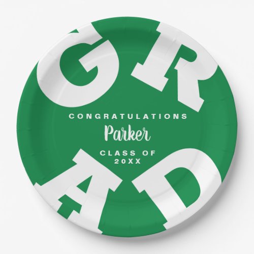 Bold GRAD Personalized White on Green Graduation Paper Plates