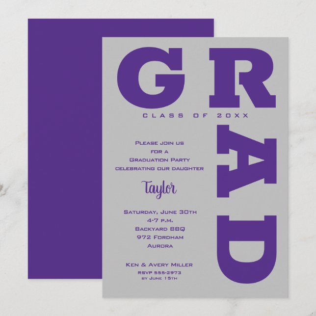 Bold GRAD Purple and Gray Graduation Invitation (Front/Back)