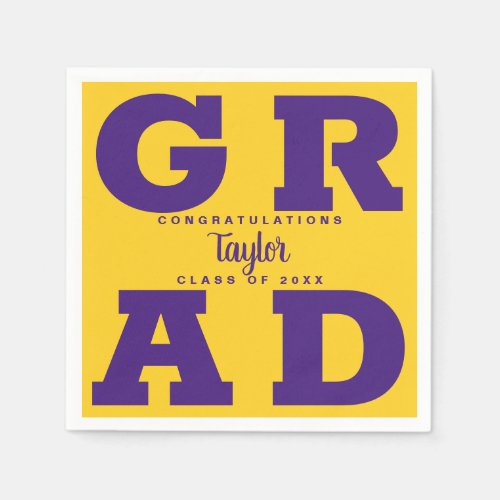 Bold GRAD Purple on Gold Graduation Napkin