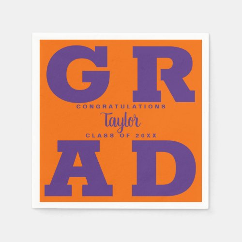 Bold GRAD  Purple on Orange Graduation Party Napkins