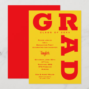Bold GRAD Red on Yellow Graduation Invitation
