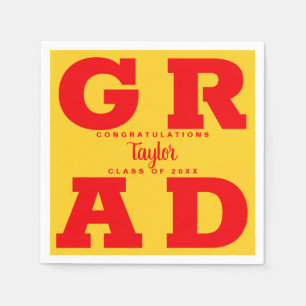 Bold GRAD Red on Yellow Graduation Paper Napkins