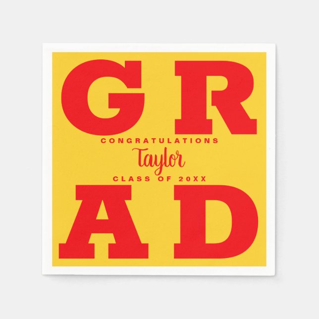 Bold GRAD | Red on Yellow Graduation Paper Napkins (Front)