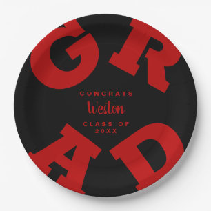 Bold GRAD Scarlet Red on Black Custom Graduation Paper Plates
