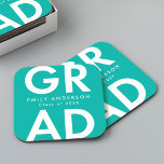 Bold Grad Turquoise Graduation Party Square Paper Coaster<br><div class="desc">Custom graduation paper coasters featuring "Grad" in bold white lettering with turquoise background. Personalize the graduation coasters by adding the graduate's name and graduation year. The personalized graduation coasters are perfect for both high school and college graduation parties.</div>