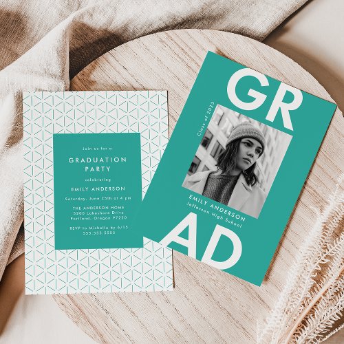 Bold Grad Turquoise Photo Graduation Party Invitation