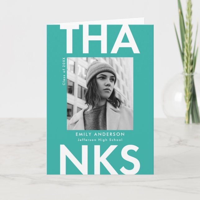 Bold Grad Turquoise Photo Graduation Thank You Card (Front)