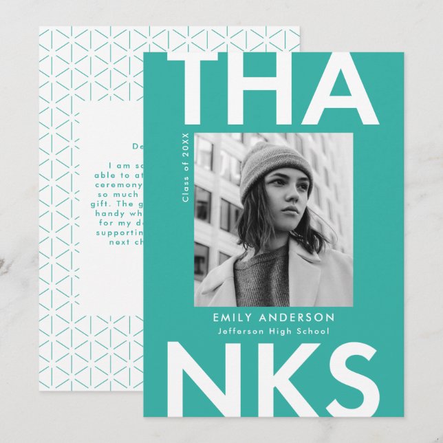 Bold Grad Turquoise Photo Graduation Thank You Card (Front/Back)