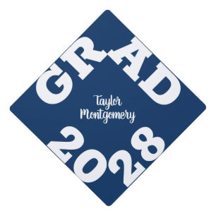 Bold GRAD White and Blue  Graduation Cap Topper