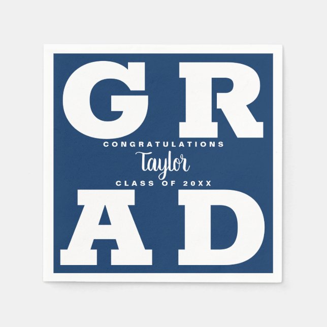 Bold GRAD White on Blue Graduation Party Napkins (Front)