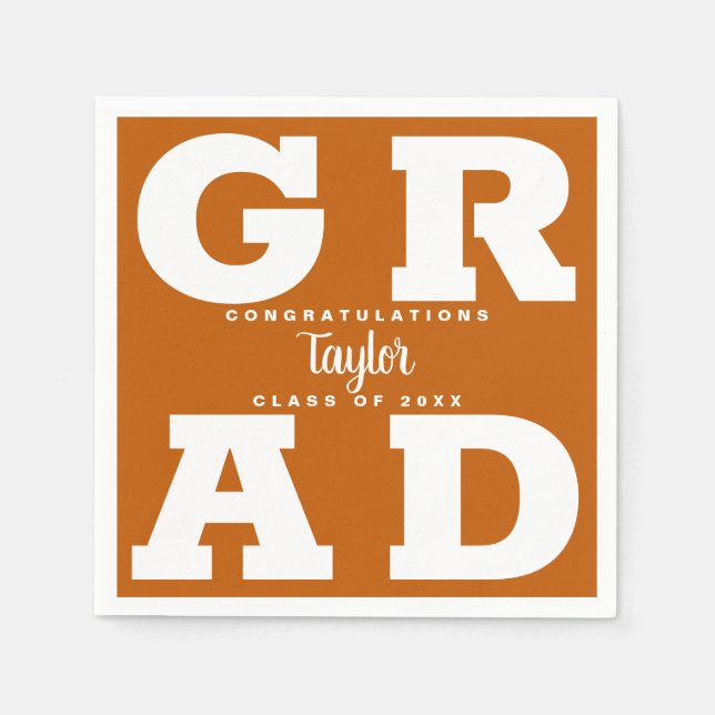 Bold GRAD | White on Burnt Orange Grad Napkins (Front)