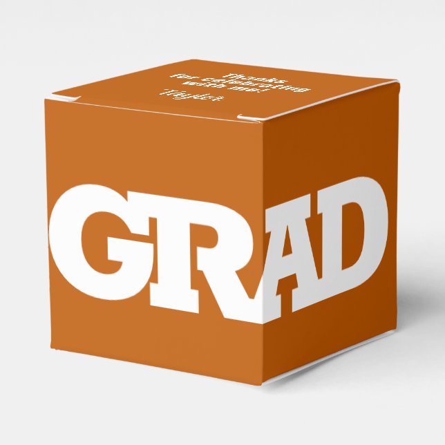 Bold GRAD White on Burnt Orange Graduation Party Favor Boxes (Front Side)
