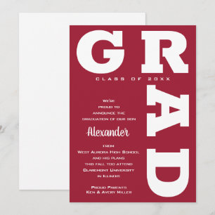 Bold GRAD White on Crimson Red Graduation  Announcement