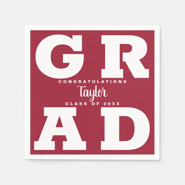 Bold GRAD | White on Crimson Red Graduation Party Napkins (Front)