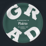 Bold GRAD | White on Dark Green Graduation Plates<br><div class="desc">GRAD in bold white lettering curves around the edges of these dark green background graduation party paper plates - available in 2 sizes. Congratulations above the name of your graduate and the Class of below. The perfect addition to your table decor for upcoming grad parties. CHANGE THE COLORS to anything!...</div>