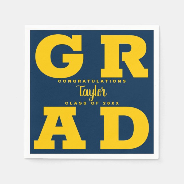 Bold GRAD Yellow on Blue Graduation Napkins (Front)