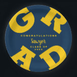 Bold GRAD Yellow on Blue Graduation Paper Plates<br><div class="desc">GRAD in bold yellow lettering curves around the edges of these blue graduation party paper plates with congratulations above the name of your graduate and the class year  below. MATCHING items and more colors in our collection.</div>