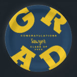 Bold GRAD Yellow on Blue Graduation Paper Plates<br><div class="desc">GRAD in bold yellow lettering curves around the edges of these blue graduation party paper plates with congratulations above the name of your graduate and the class year  below. MATCHING items and more colors in our collection.</div>