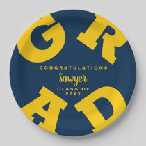 Bold GRAD Yellow on Blue Graduation Paper Plates