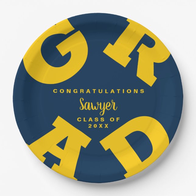 Bold GRAD Yellow on Blue Graduation Paper Plates (Front)
