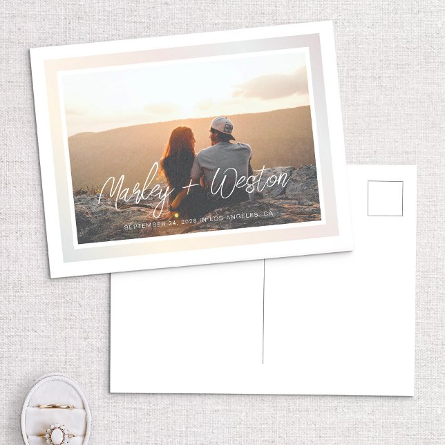Bold Gradient Border Handwritten Names & Photo Sav Announcement Postcard (Creator Uploaded)