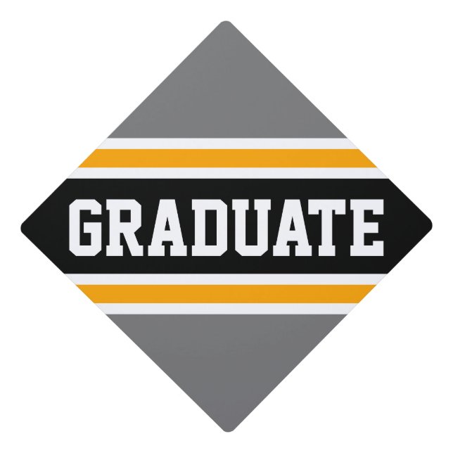Bold GRADUATE Black Gray Orange Racing Stripes Graduation Cap Topper (Front)