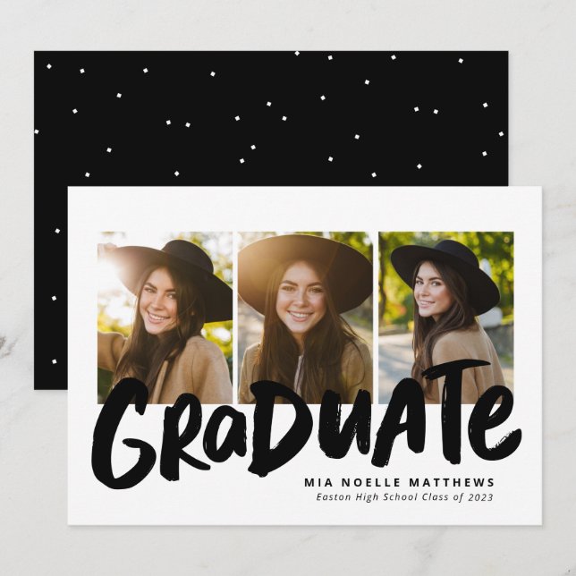 Bold graduate black white three photo graduation announcement (Front/Back)