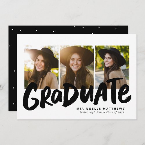 Bold graduate black white three photo graduation announcement