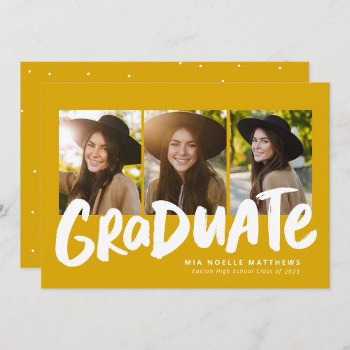 Bold graduate golden yellow three photo graduation announcement