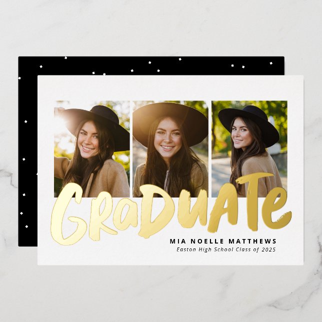 Bold graduate modern gold 3 photo graduation foil invitation (Front/Back)