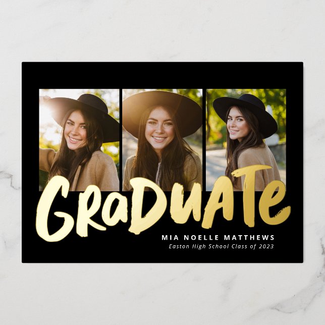 Bold graduate modern gold three photo graduation foil invitation (Front)
