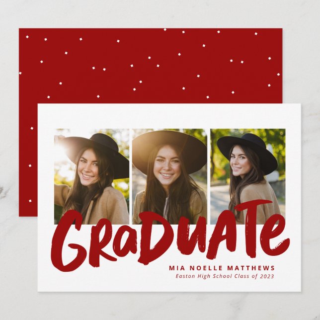 Bold graduate modern red white 3 photo graduation announcement (Front/Back)