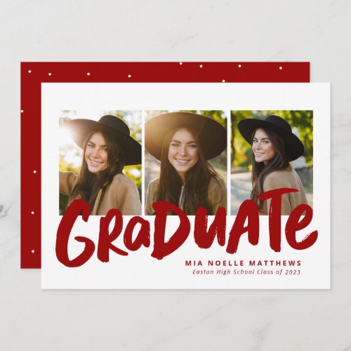 Bold graduate modern red white 3 photo graduation announcement