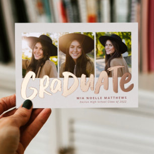 Bold graduate modern rose gold 3 photo graduation foil invitation