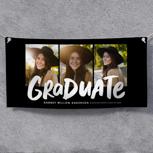 Bold graduate modern three photo black graduation banner | Zazzle