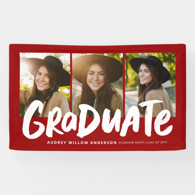 Bold graduate modern three photo red graduation ba banner (Horizontal)
