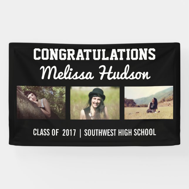 Bold Graduation Congratulations Three Photo Black Banner (Horizontal)