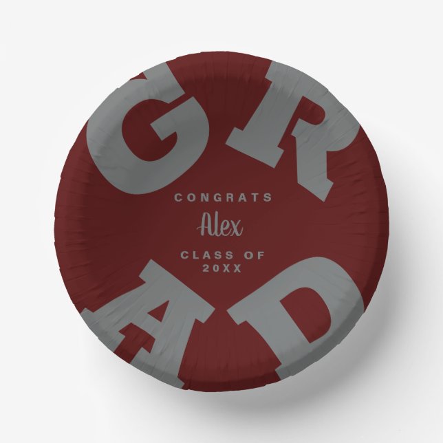 Bold Graduation Gray on Dark Maroon Paper Bowls (Front)