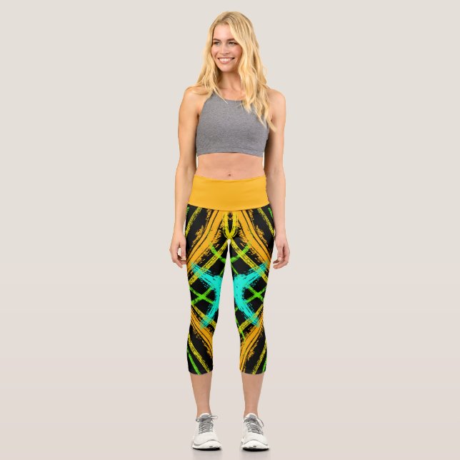 Bold Graffiti, Orange, Yellow, Cyan, Black Backgd Capri Leggings (Front)