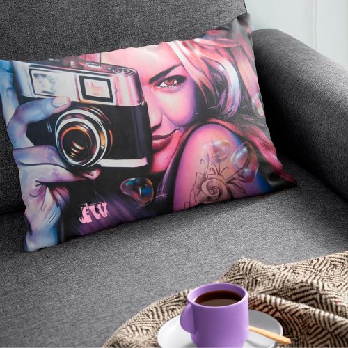 Bold Grafitti Woman with Camera Monogram  Accent Pillow