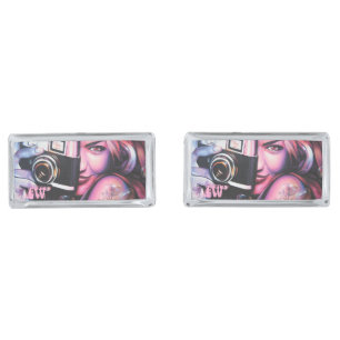 Bold Grafitti Woman with Camera Monogram Cufflinks