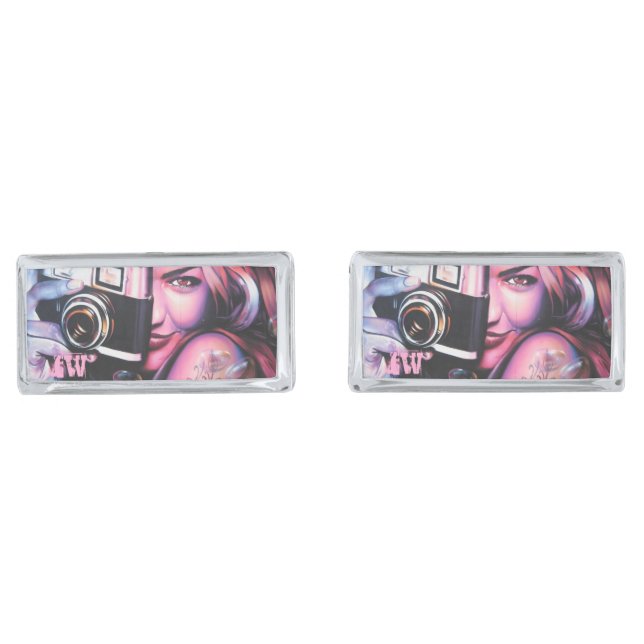 Bold Grafitti Woman with Camera Monogram Cufflinks (Front)