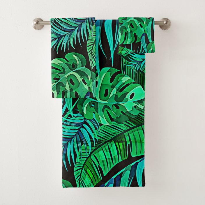 Bold Graphic Blue & Green Tropical Foliage Bath Towel Set